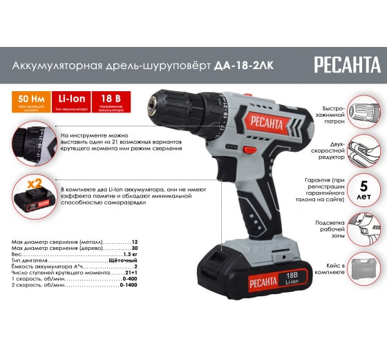Дрель-шуруповерт аккумуляторная ДА-18-2ЛК Ресанта 75/14/5