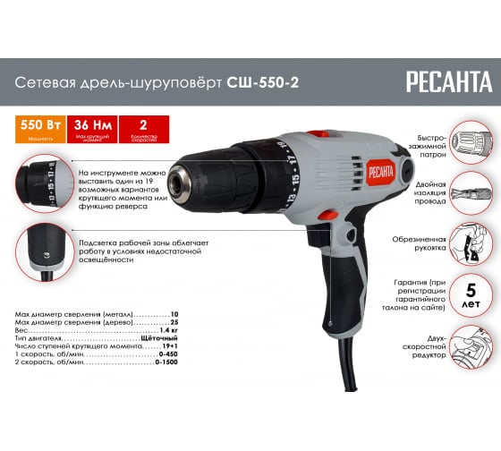 Сетевой шуруповерт СШ-550-2 Ресанта