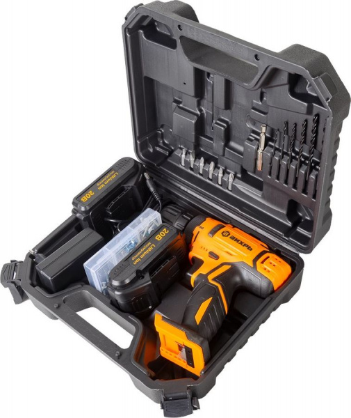 Дрель-шуруповерт аккумуляторная ДА-20Л-2КА с набором оснастки 65 предметов 72/14/36